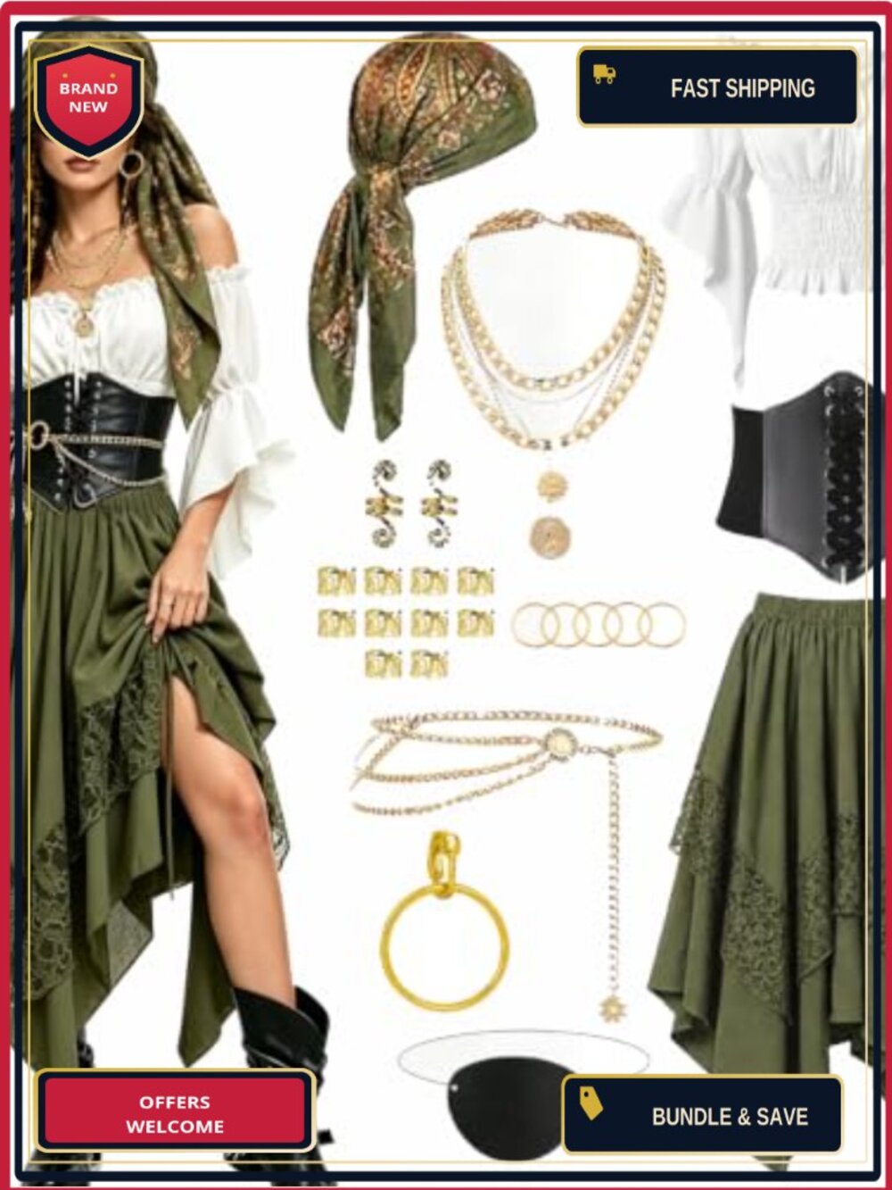 Pirate Costume Women Renaissance Off-Shoulder Blouse Corset Lace Skirt